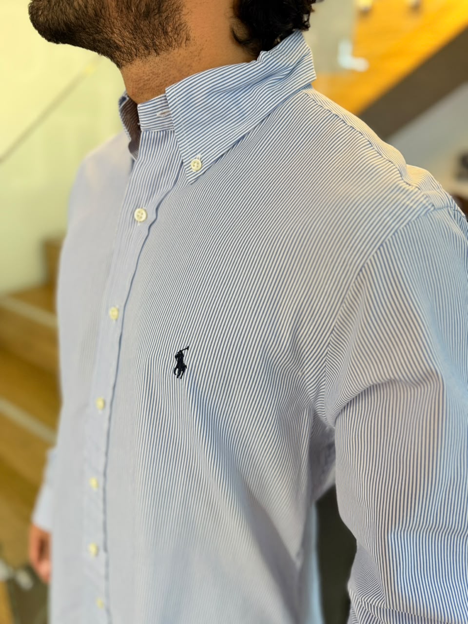 Camisa Polo R.L hombre Algodón Custom Fit Rayas Celestes Con Blanco Caballo Negro