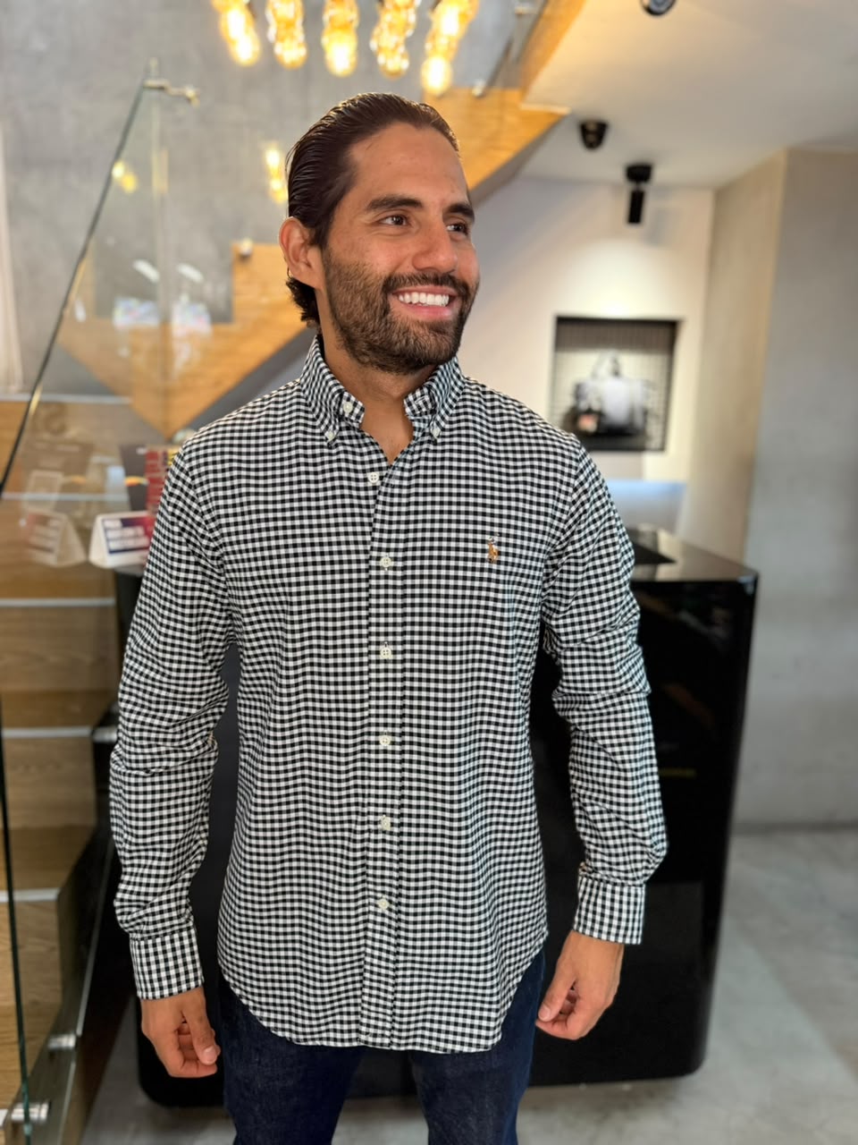 Camisa Polo R.L hombre Oxford Cuadros Negros con Blanco Caballo Multicolor
