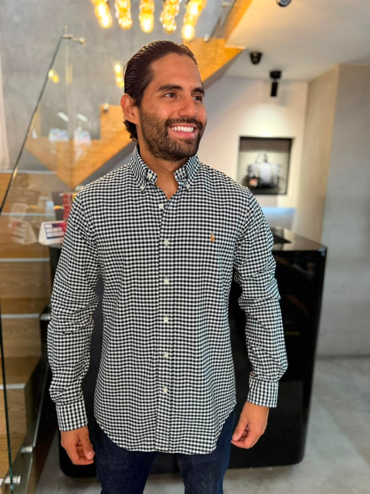 Camisa Polo R.L hombre Oxford Cuadros Negros con Blanco Caballo Multicolor