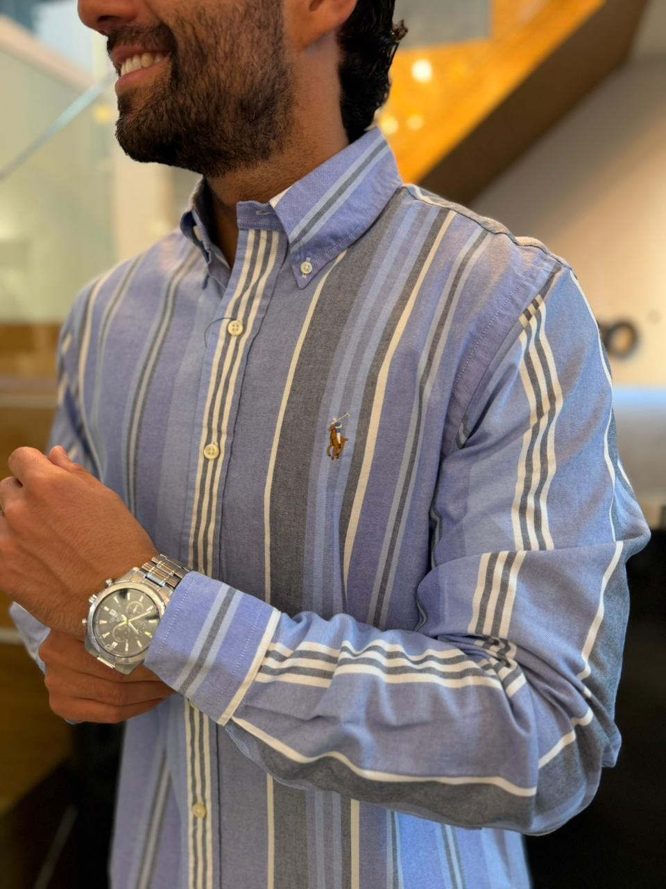 Camisa Polo R.L hombre Oxford Rayas Azules Caballo Multicolor