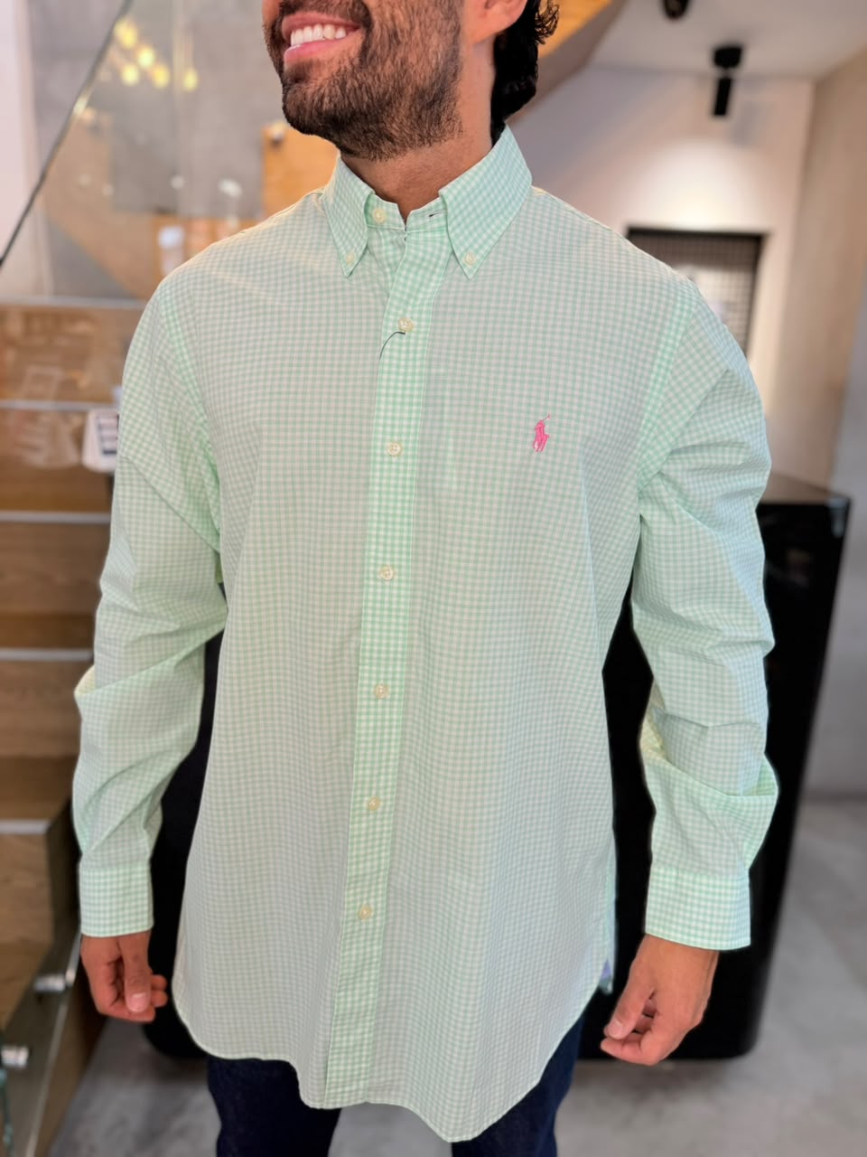 Camisa Polo R.L hombre Algodón Cuadros Verde Pastel Con Blanco Caballo Rosado