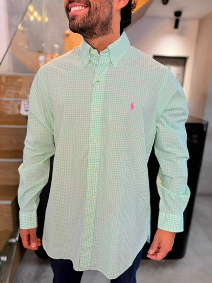 Camisa Polo R.L hombre Algodón Cuadros Verde Pastel Con Blanco Caballo Rosado