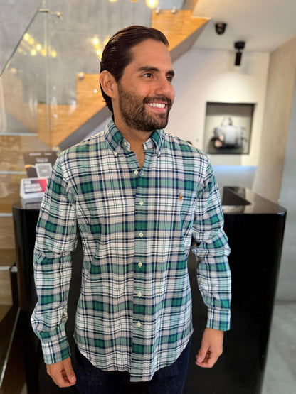 Camisa Polo R.L hombre Oxford Cuadros Verdes Caballo Multicolor
