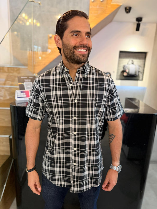 Camisa Polo R.L hombre Oxford Manga Corta Cuadros Negros Con Blanco Caballo Negro