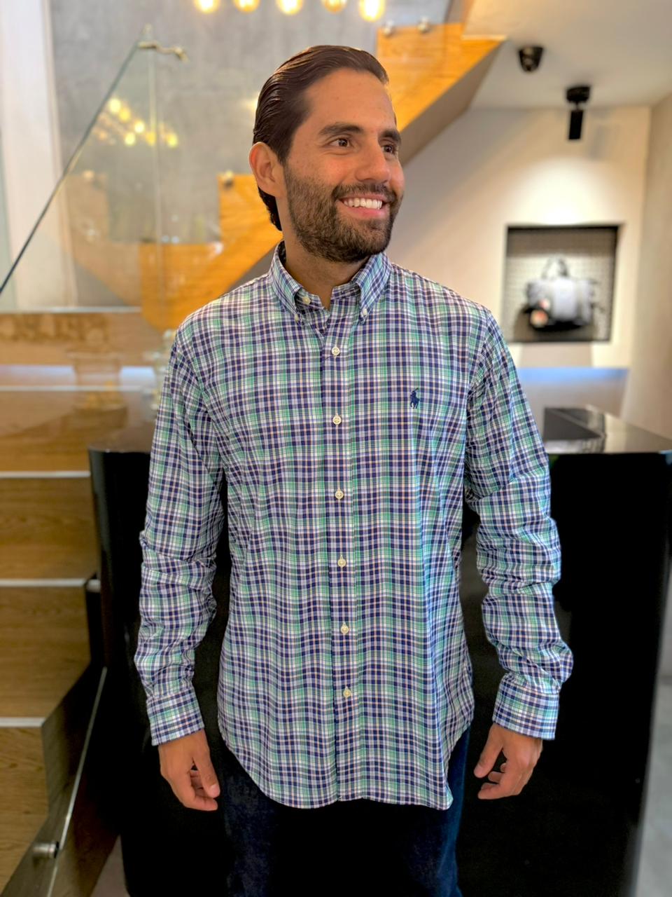 Camisa Polo R.L hombre Performance Cuadros Azules Con Verde Caballo Azul