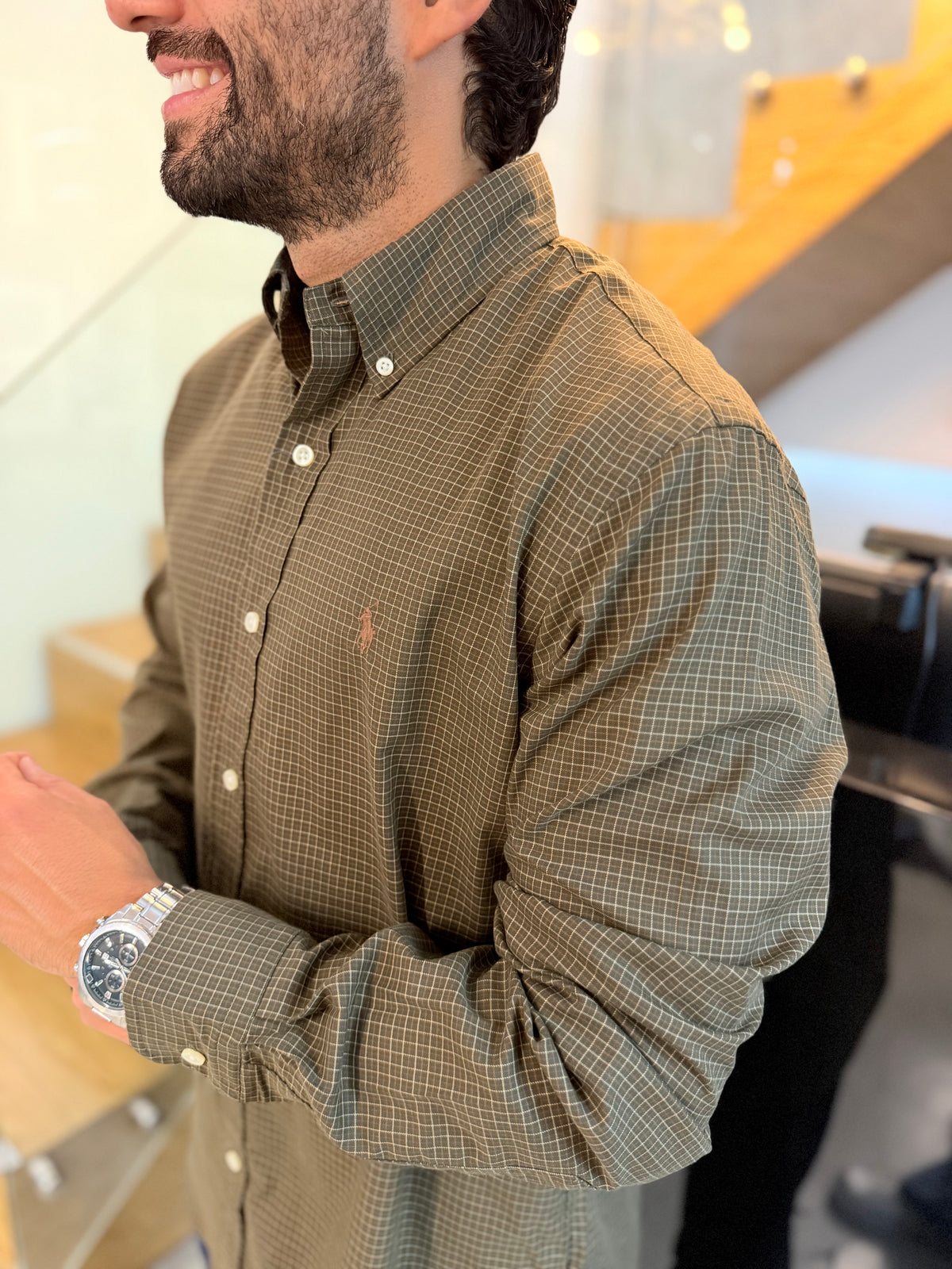 Camisa Polo R.L hombre Algodón Cuadros Verdes Con Café Caballo Café