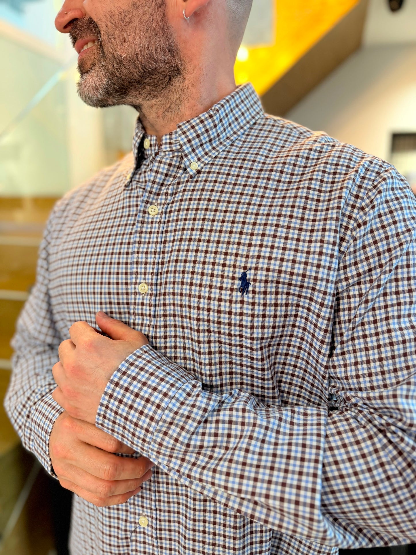 Camisa Polo R.L hombre Algodón Cuadros Cafés Con Blanco Caballo Azul