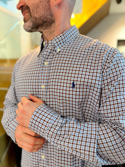 Camisa Polo R.L hombre Algodón Cuadros Cafés Con Blanco Caballo Azul