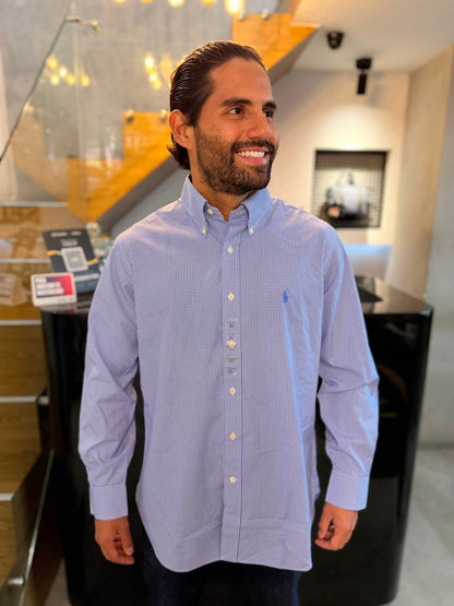 Camisa Polo R.L hombre Algodón Cuadros Morados Con Blanco Caballo Celeste