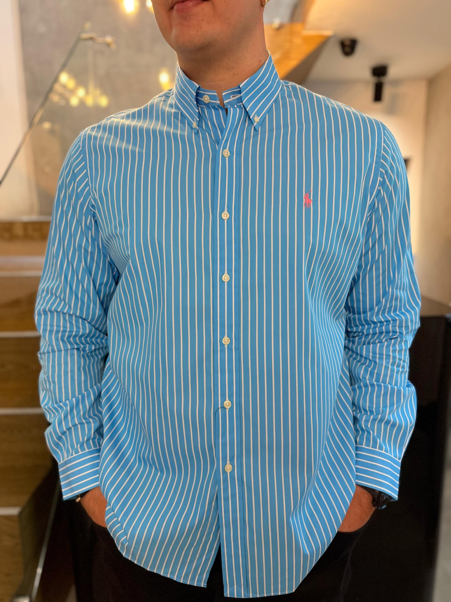 Camisa Polo R.L hombre Algodón Rayas Azules Caballo Rosado