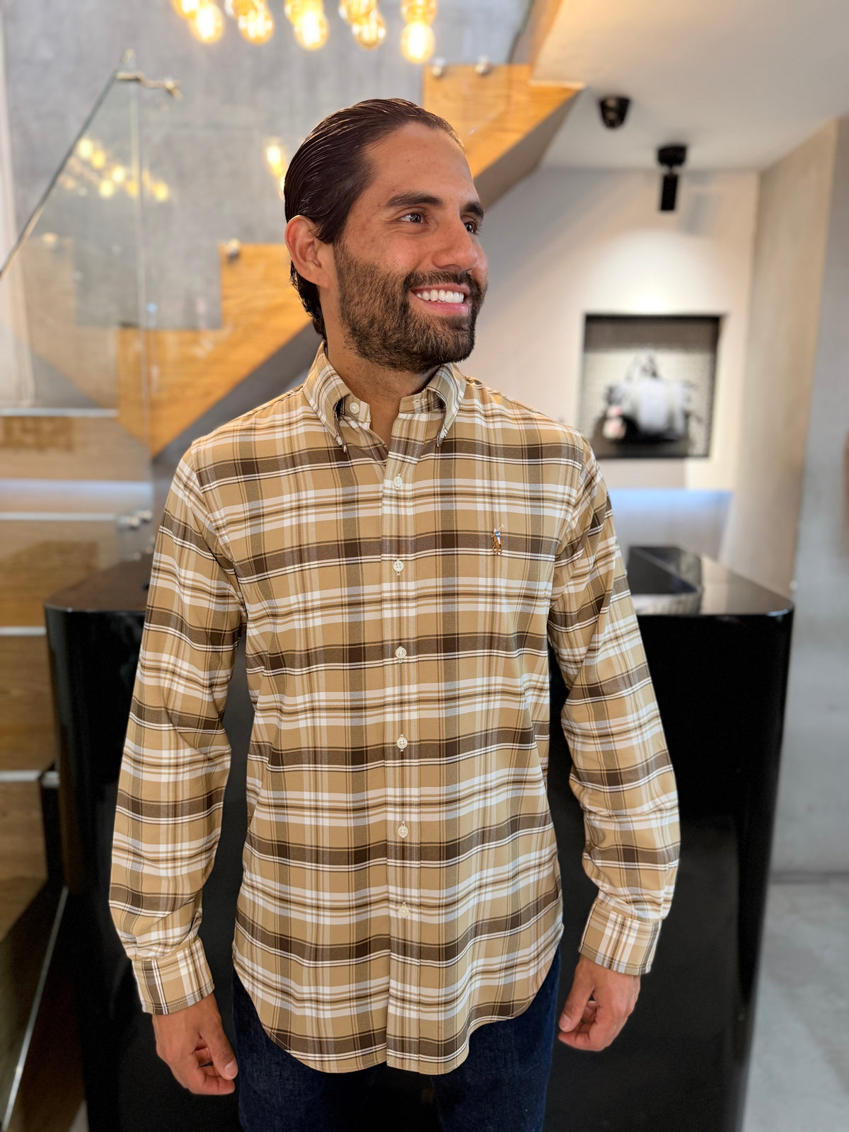 Camisa Polo R.L hombre Algodón Cuadros Cafés Caballo Multicolor