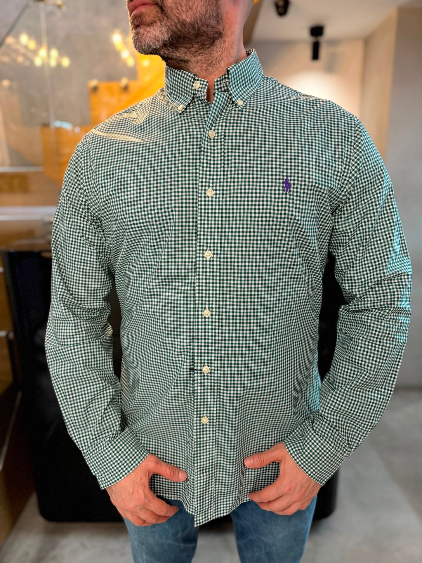 Camisa Polo R.L hombre Algodón Slim Fit Cuadros Verdes  Caballo Morado