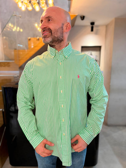 Camisa Polo R.L hombre Algodón Custom Fit Rayas Verdes Con Blanco Caballo Fucsia