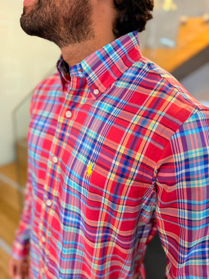 Camisa Polo R.L hombre Algodón Cuadros Coral Caballo Amarilla