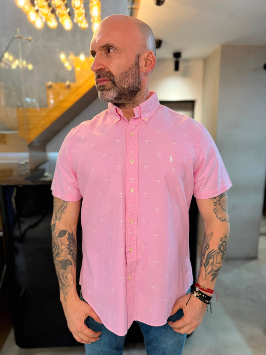 Camisa Polo R.L hombre Oxford Rosada Palmeras Manga Corta Caballo Blanco