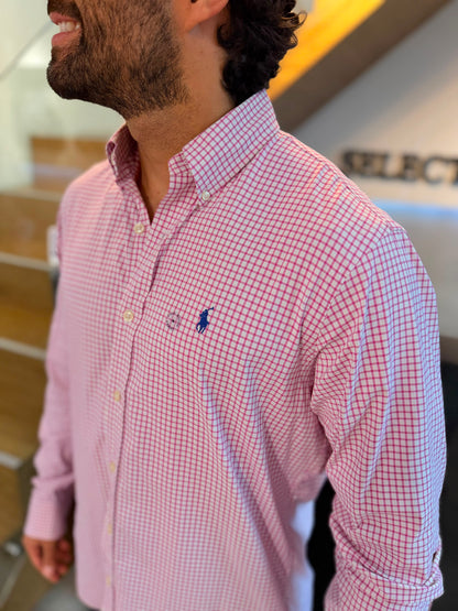 Camisa Polo R.L hombre Algodón Performance Cuadros Blancos Con Rosado Caballo Azul