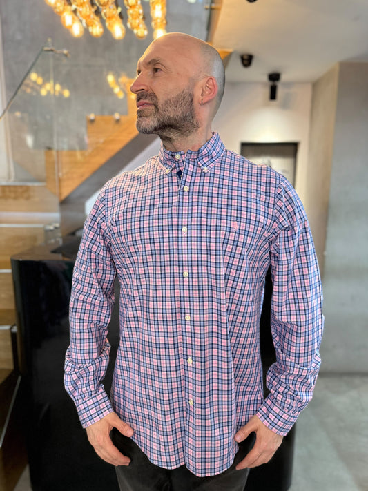Camisa Polo R.L hombre Performance Cuadros Rosados Con Celeste Caballo Rosado