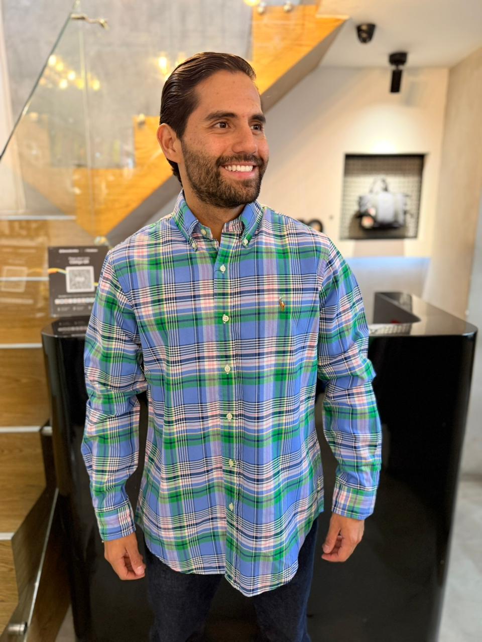 Camisa Polo R.L hombre Oxford Cuadros Azules Con Verde Caballo Multicolor