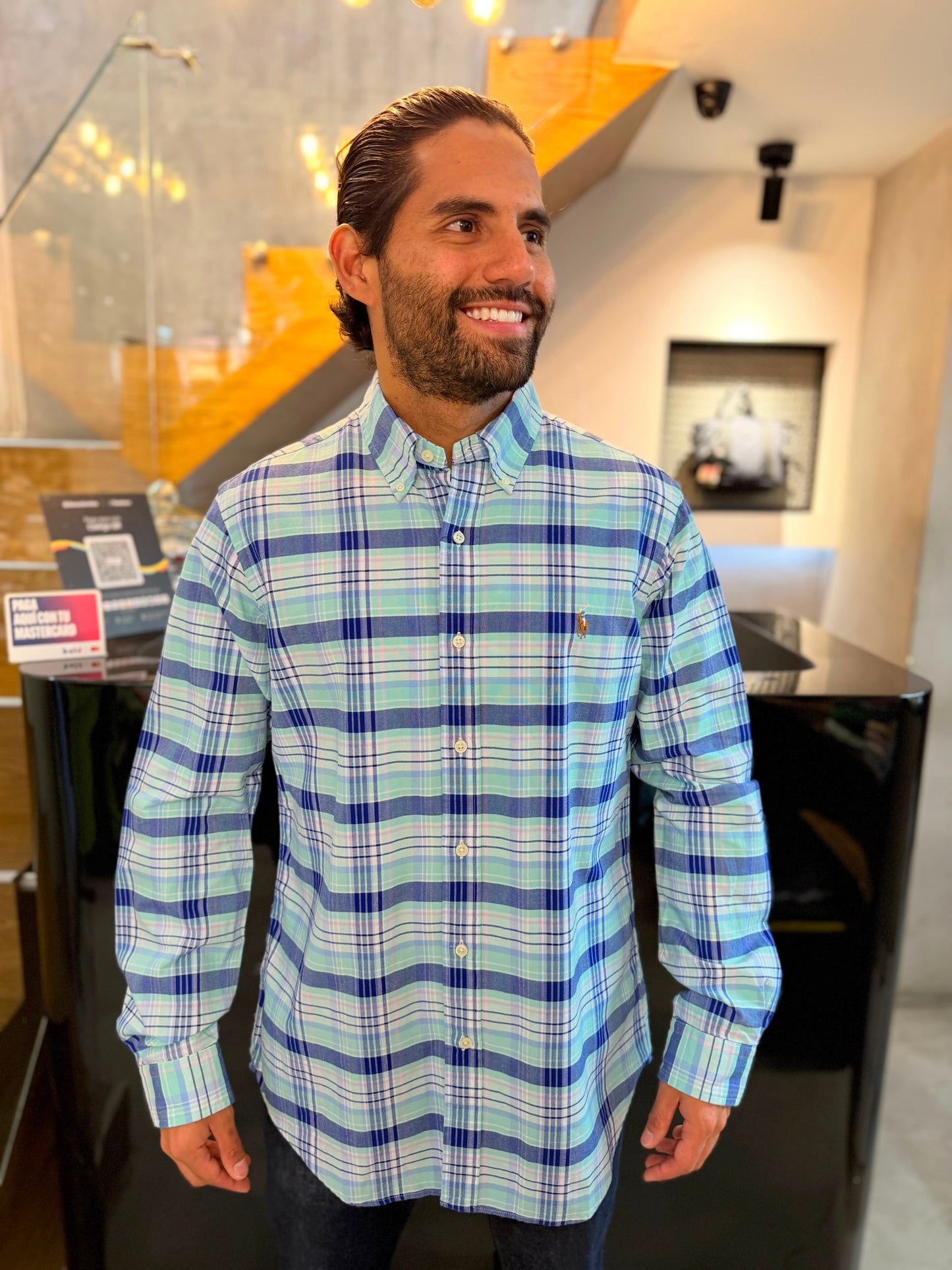 Camisa Polo R.L hombre Oxford Cuadros Agua Marina Caballo Multicolor