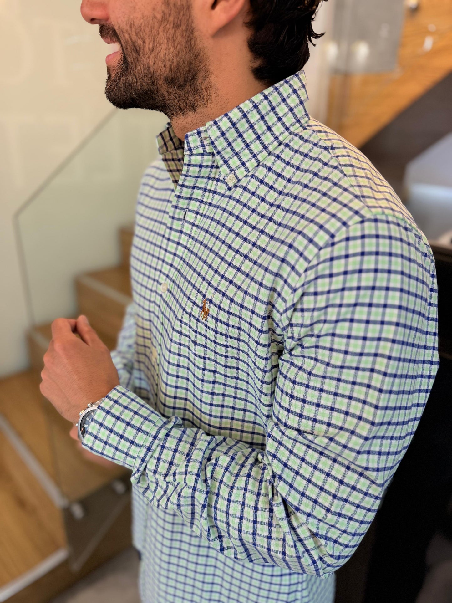Camisa Polo R.L hombre Oxford  Cuadros Verdes Con Azul Caballo Multicolor
