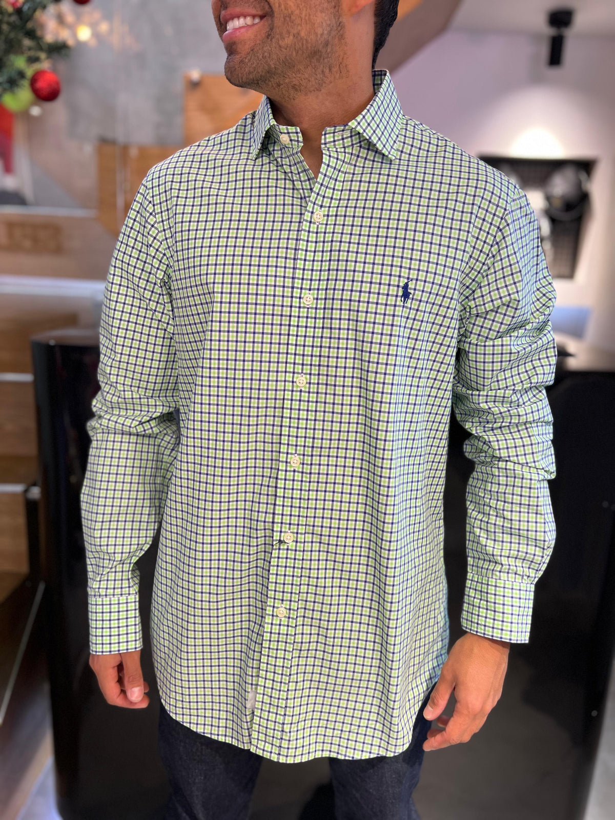 Camisa Polo R.L hombre Algodón Cuadros Verdes con Azul