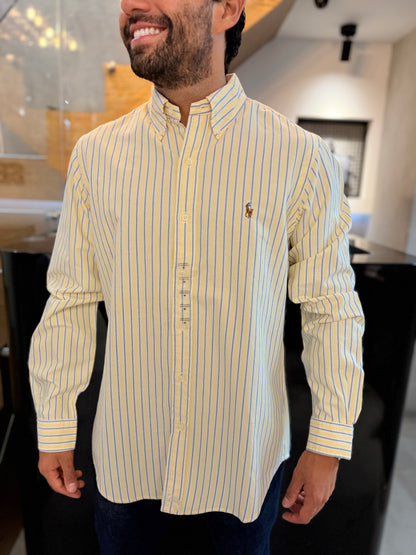 Camisa Polo R.L hombre Oxford Rayas Amarillas con Azul Caballo Multicolor