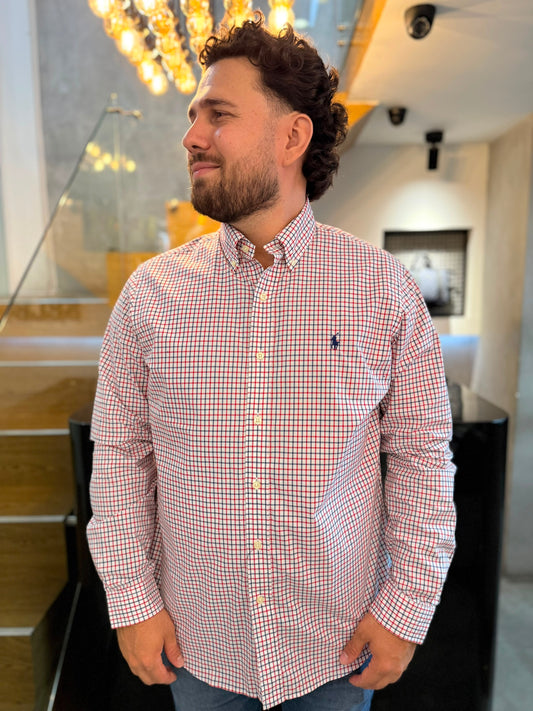Camisa Polo R.L hombre Algodón Cuadros Rojos Caballo Azul