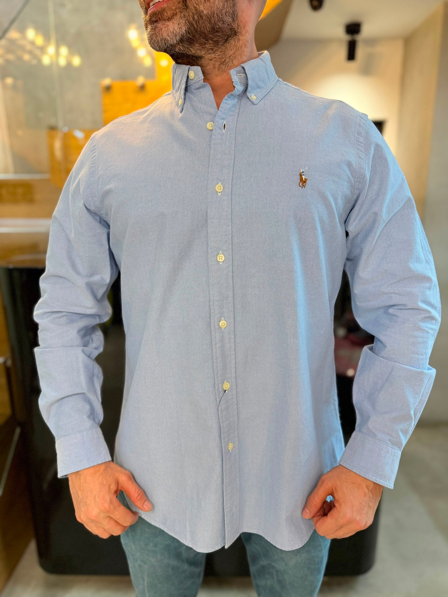 Camisa Polo R.L hombre Oxford Celeste Caballo Multicolor