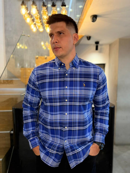 Camisa Polo R.L hombre Oxford Cuadros Azules Caballo Multicolor