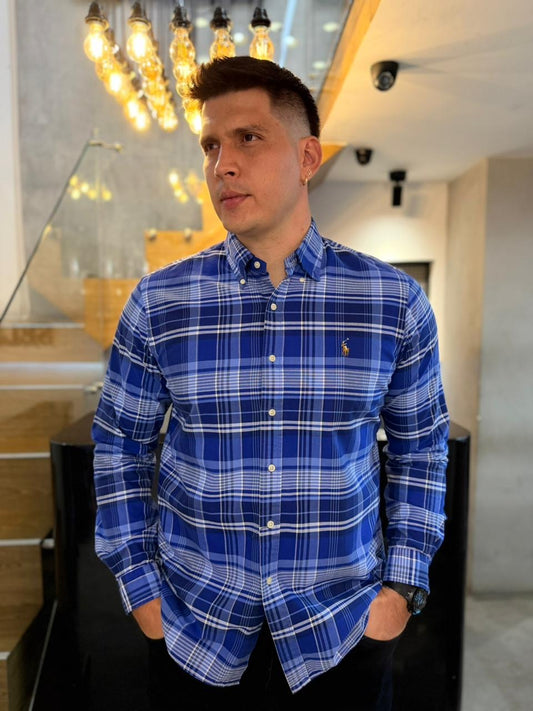 Camisa Polo R.L hombre Oxford Cuadros Azules Caballo Multicolor