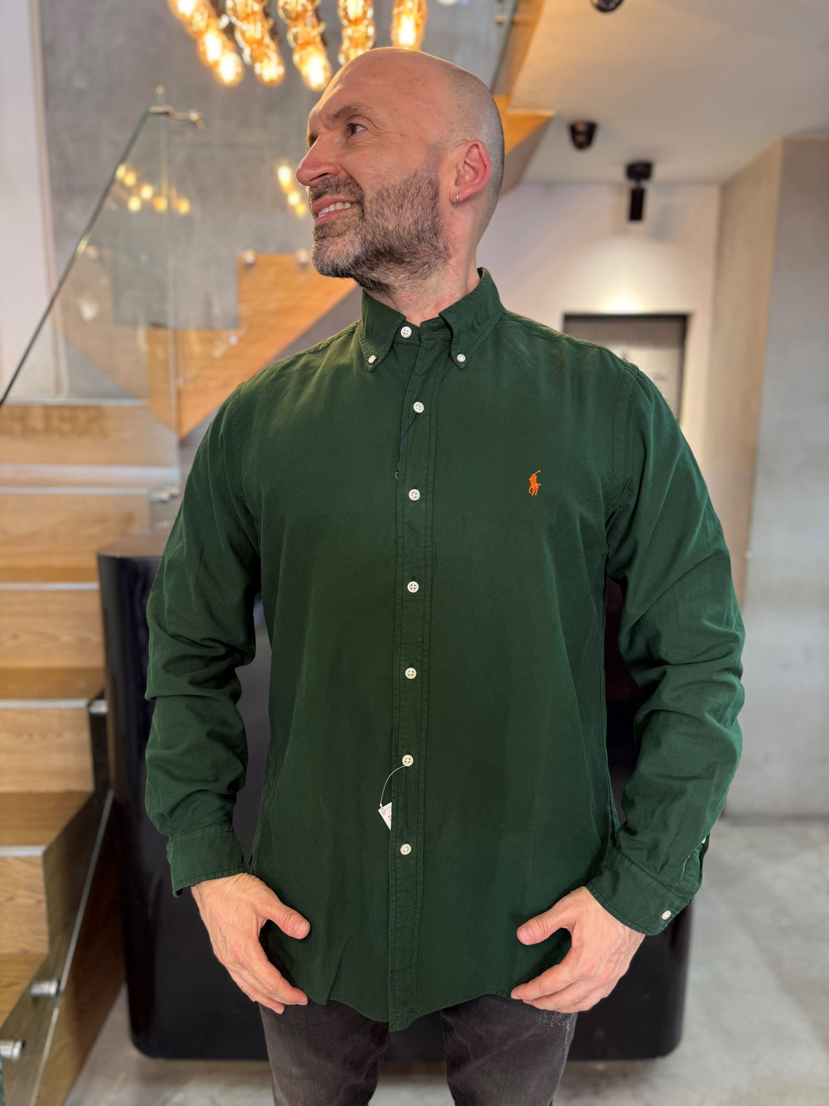 Camisa Polo R.L hombre Oxford Verde Militar Caballo Naranja