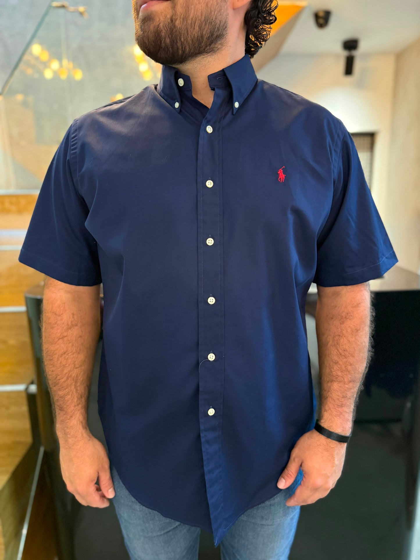 Camisa Polo R.L hombre algodón  Manga Corta azul Caballo rojo