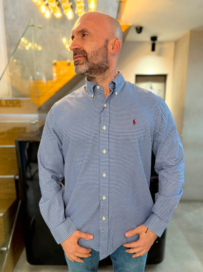Camisa Polo R.L hombre Algodón Cuadros Azules Con Blanco Caballo Rojo