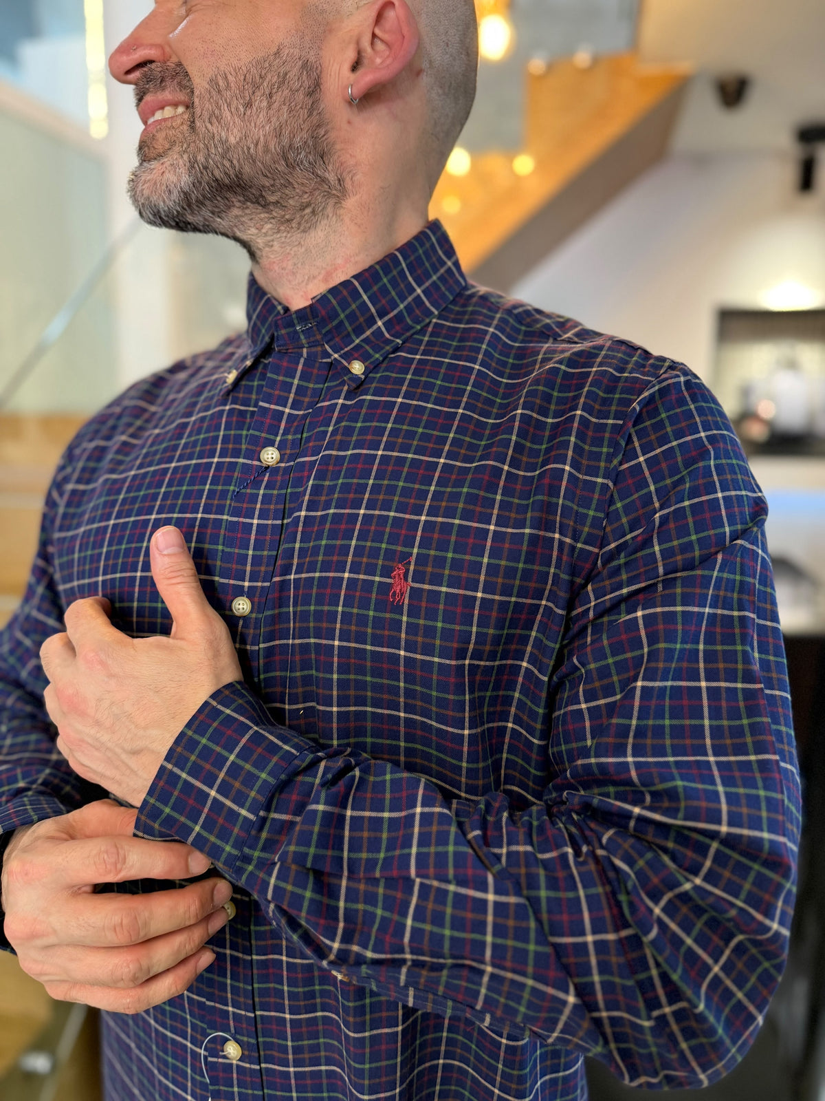 Camisa Polo R.L hombre Algodón Cuadros Azul Oscuro Caballo Rojo