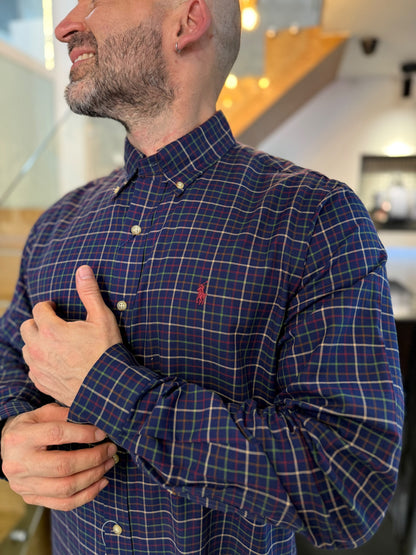 Camisa Polo R.L hombre Algodón Cuadros Azul Oscuro Caballo Rojo