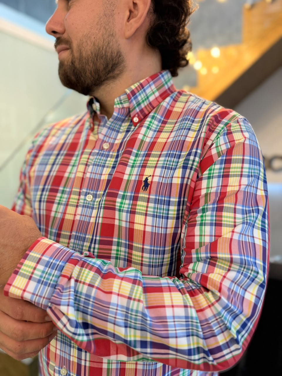 Camisa Polo R.L hombre Algodón Cuadros Colores Caballo Azul