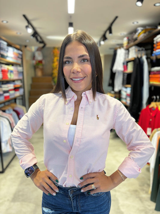 Camisa Polo R.L rosa líneas