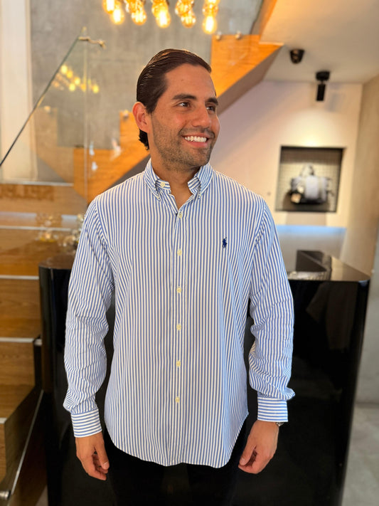 Camisa Polo R.L hombre Performance Rayas Celestes Caballo Azul