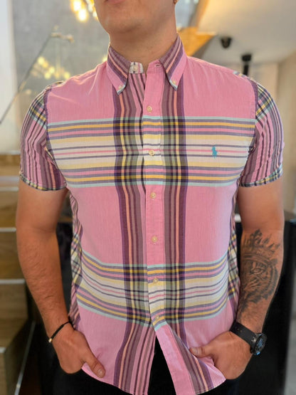 Camisa Polo R.L hombre Algodón Manga Corta Cuadros Rosados Caballo Celeste