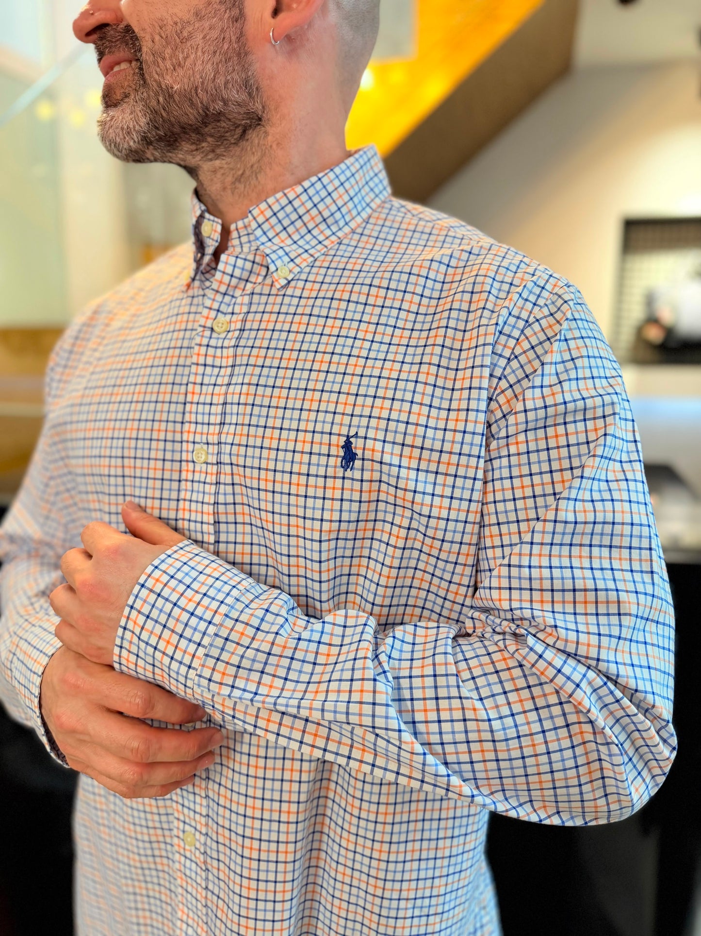 Camisa Polo R.L hombre Algodón Cuadros Blancos Con Naranja Caballo Azul