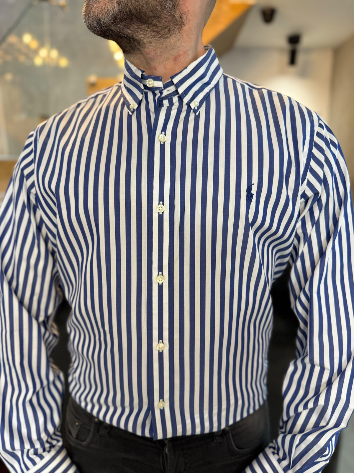 Camisa Polo R.L hombre Algodón Rayas Azules Con Blanco Caballo Azul