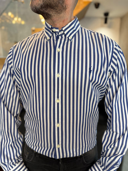 Camisa Polo R.L hombre Algodón Rayas Azules Con Blanco Caballo Azul