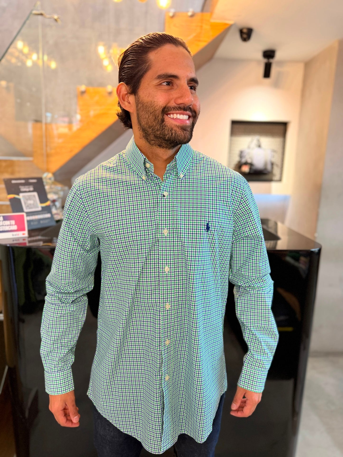 Camisa Polo R.L hombre Algodón Cuadros Verdes Con Azul Caballo Azul