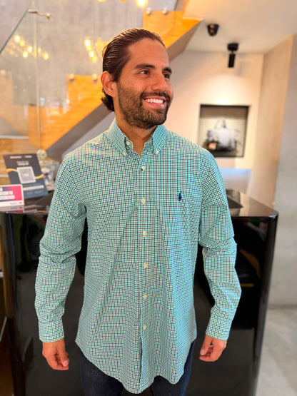 Camisa Polo R.L hombre Algodón Cuadros Verdes Con Azul Caballo Azul