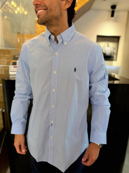 Camisa Polo R.L hombre Algodón Cuadros Celestes Caballo Azul