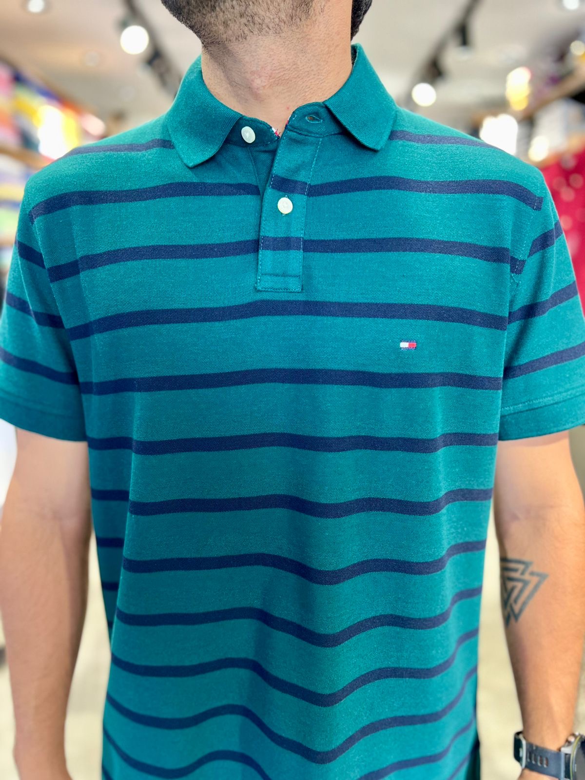 Polo Tommy Hilfiger Hombre Verde Lineas