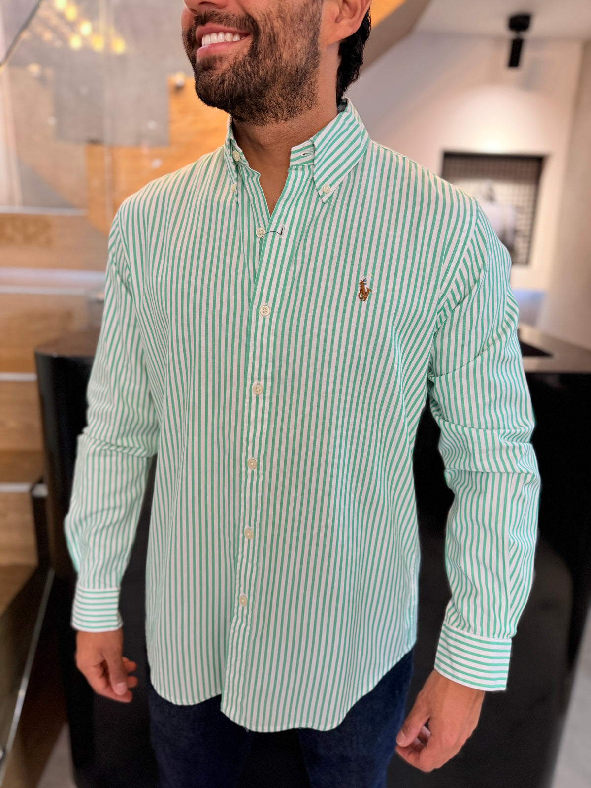 Camisa Polo R.L hombre Algodón Rayas Verdes Con Blanco Caballo Multicolor