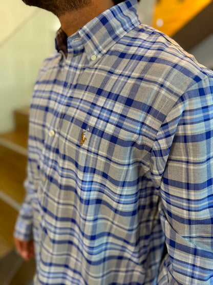 Camisa Polo R.L hombre Oxford Gris Con Azul Caballo Multicolor