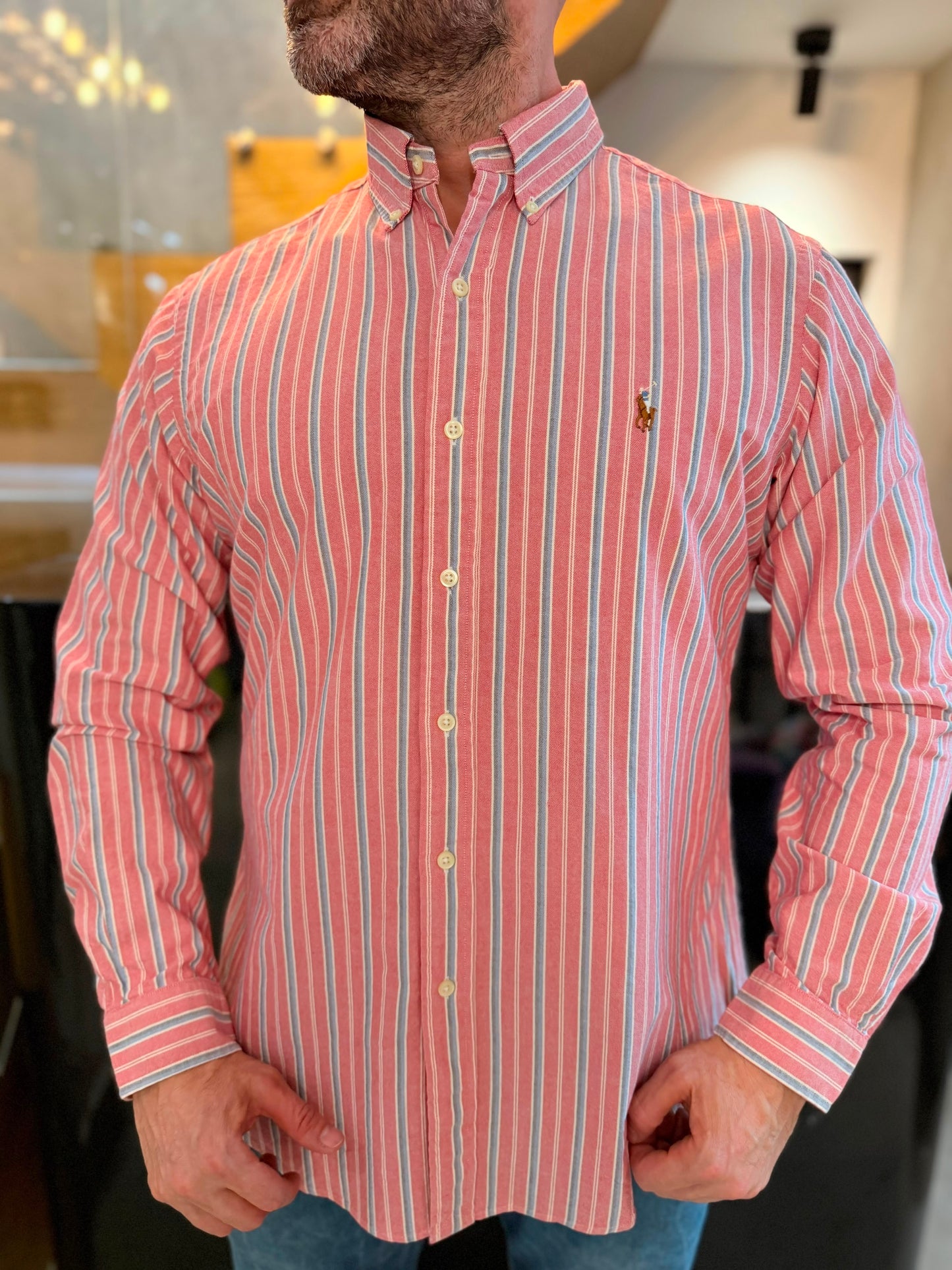 Camisa Polo R.L hombre Oxford Custom Fit Rayas Coral Con Azul Caballo Multicolor