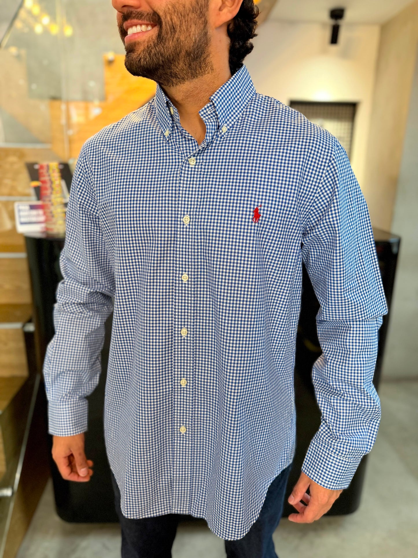 Camisa Polo R.L hombre Algodón Cuadros Azules Con Blanco Caballo Rojo
